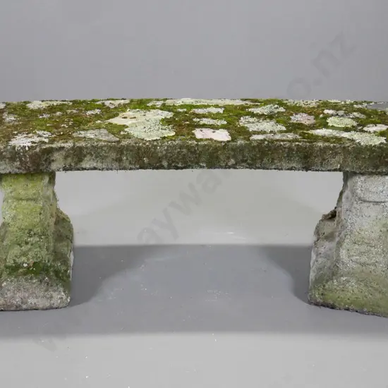 cast concrete and inlaid schist stones curved garden seat - moss and age wear H-400 W-1200 D-380
