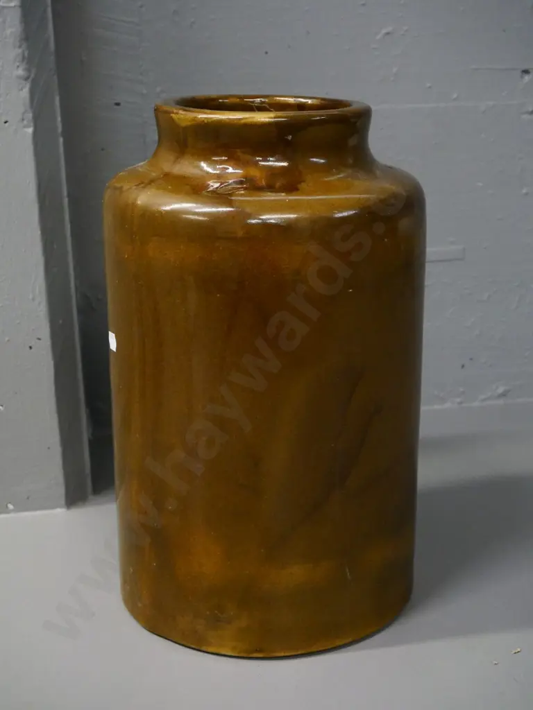 brown trickle glazed wide-mouth crock - no maker's marks H-350 D-250 Image 1++