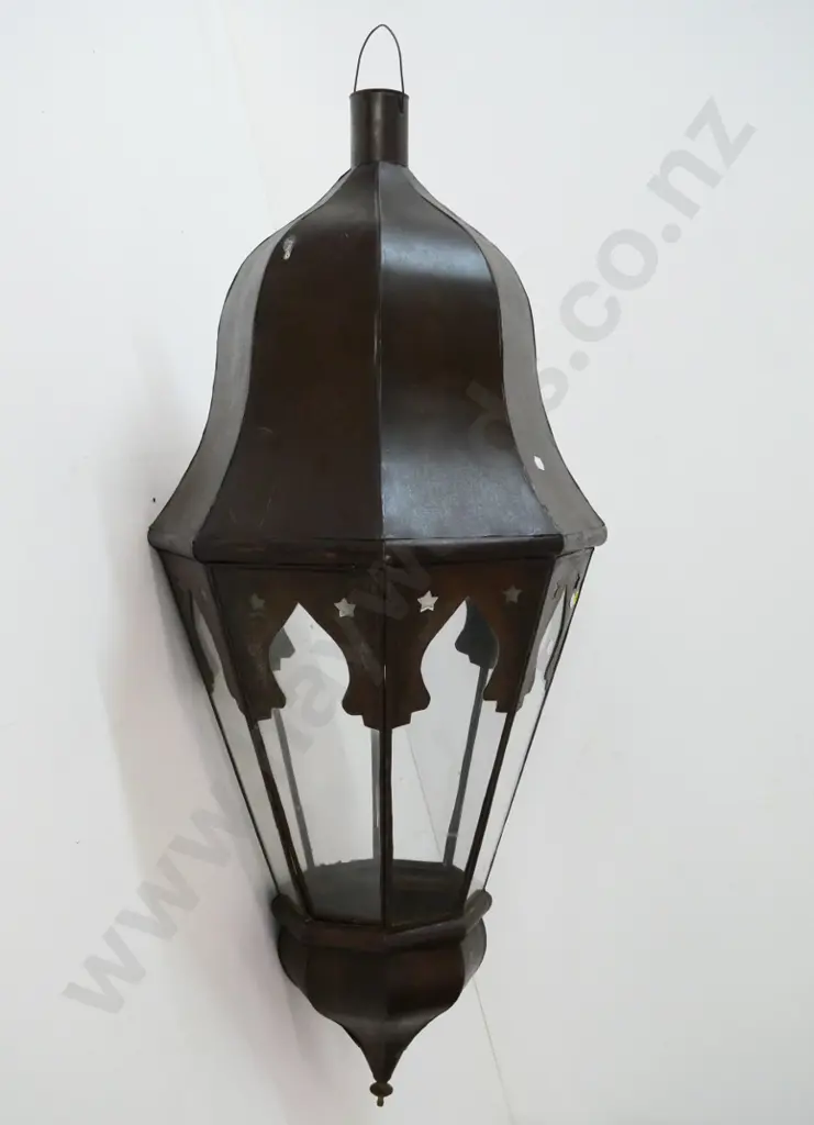 pair of very large metal and glass decorative lantern housings with wire hanging loop H-1000 W-450 Image 1++