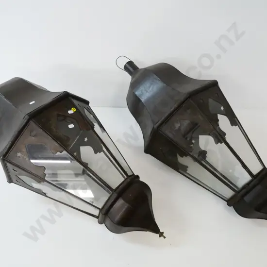 pair of very large metal and glass decorative lantern housings with wire hanging loop H-1000 W-450