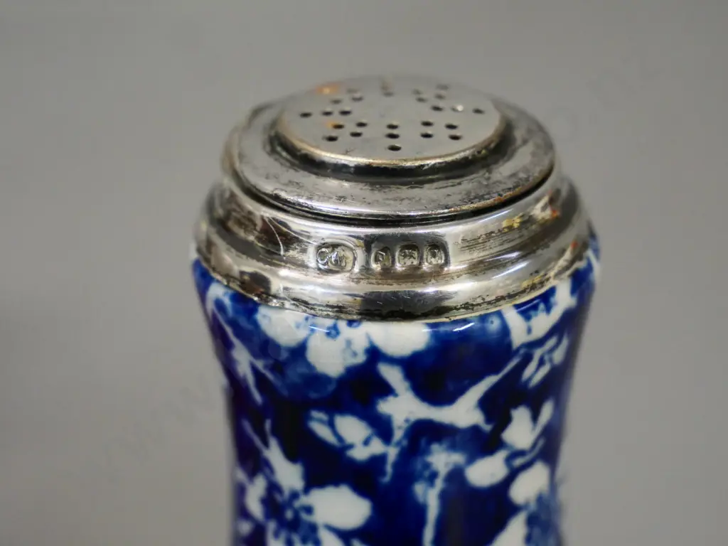 early English blue and white calico pattern caster shaker with sterling silver rim and top H-145 Image 1++