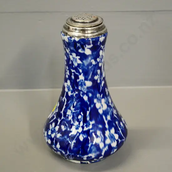 early English blue and white calico pattern caster shaker with sterling silver rim and top H-145