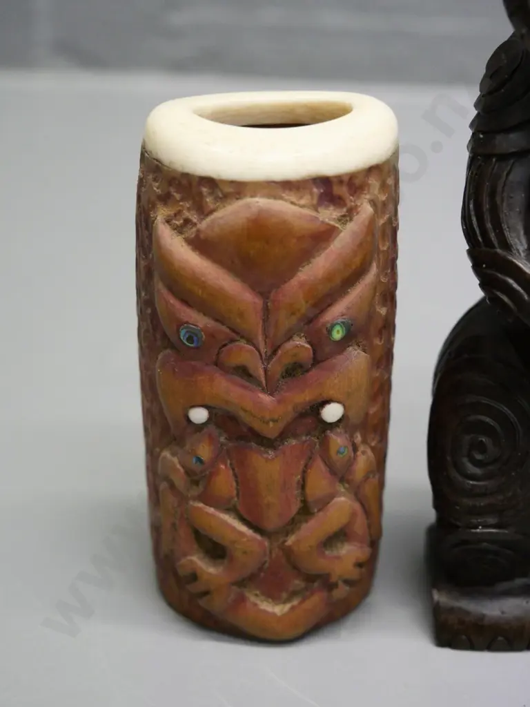 2 Maori theme souvenir items - timber and bone vase with paua & bone inserts, and composite figure with paua eyes H-160 Image 1++