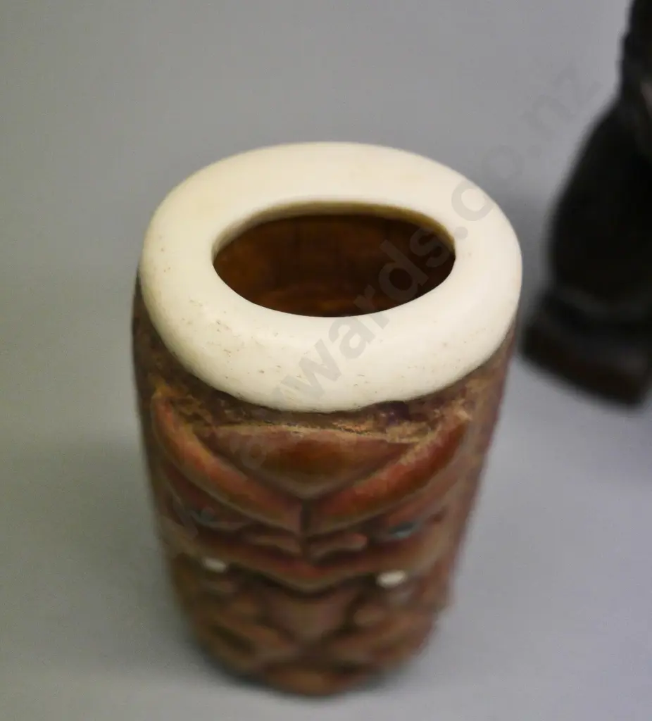 2 Maori theme souvenir items - timber and bone vase with paua & bone inserts, and composite figure with paua eyes H-160 Image 1++