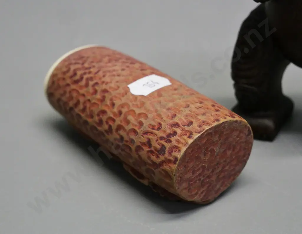 2 Maori theme souvenir items - timber and bone vase with paua & bone inserts, and composite figure with paua eyes H-160 Image 1++