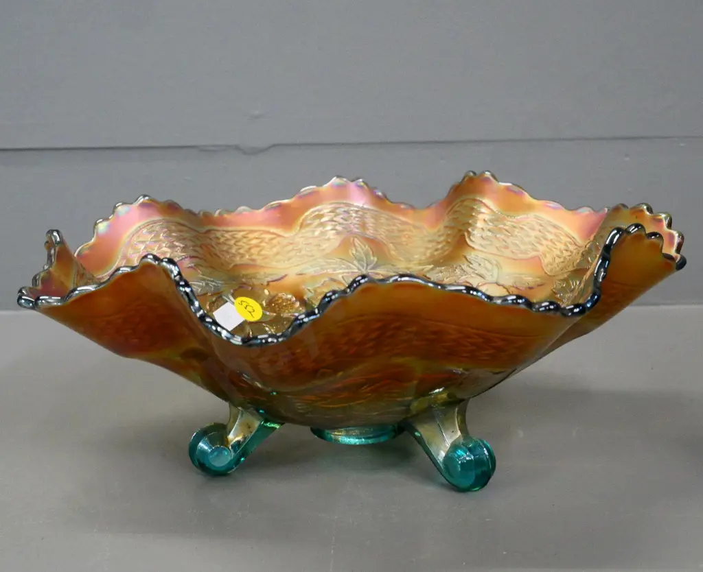 carnival glass floral pattern marigold and turquoise 3-footed bowl H-110 D-260 Image 1++