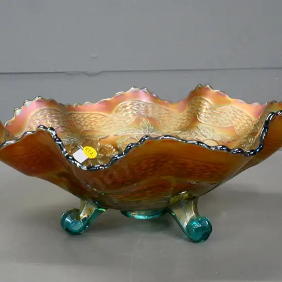 carnival glass floral pattern marigold and turquoise 3-footed bowl H-110 D-260