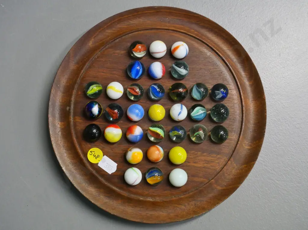 vintage mahogany solitaire game board with marbles - diameter 200 Image 1++