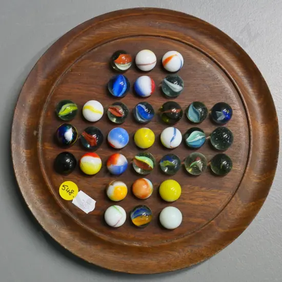 vintage mahogany solitaire game board with marbles - diameter 200