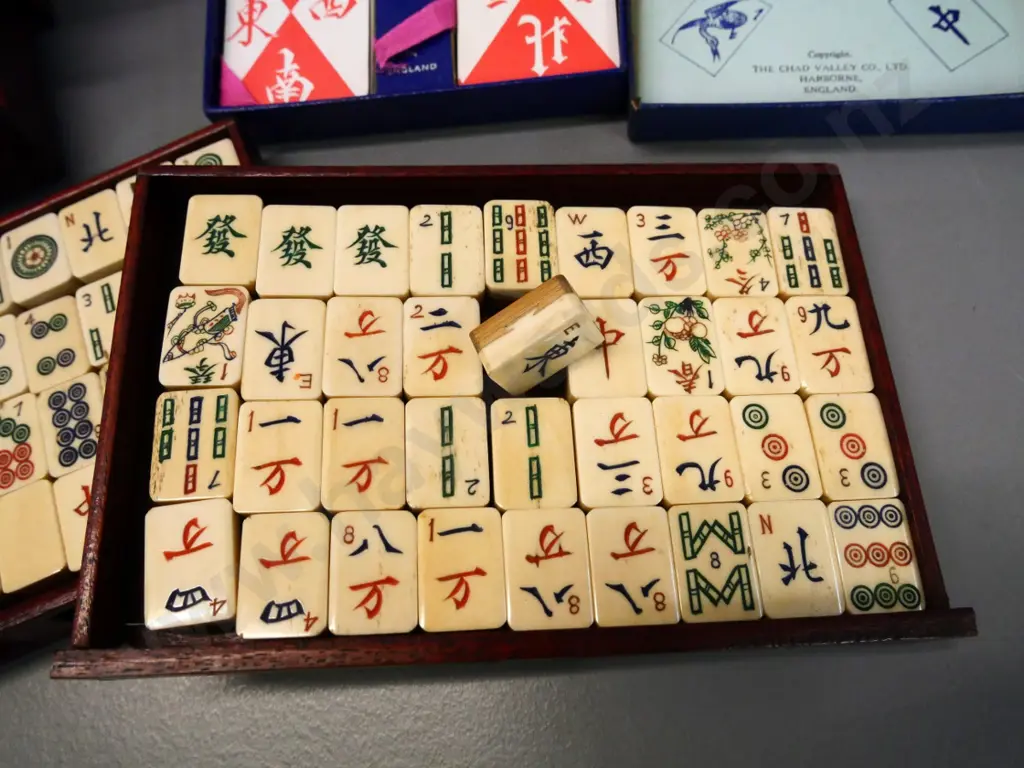 mah jongg set with bone & bamboo pieces in 5-drawer wood & brass chest, 4 player's racks and boxed Chad Valley cards Image 1++