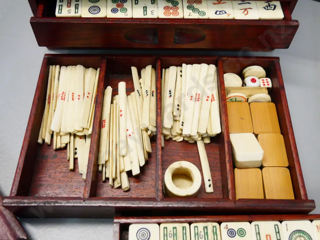 mah jongg set with bone & bamboo pieces in 5-drawer wood & brass chest, 4 player's racks and boxed Chad Valley cards Image 1++