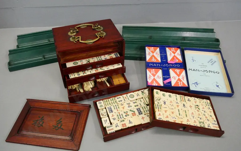 mah jongg set with bone & bamboo pieces in 5-drawer wood & brass chest, 4 player's racks and boxed Chad Valley cards Image 1++