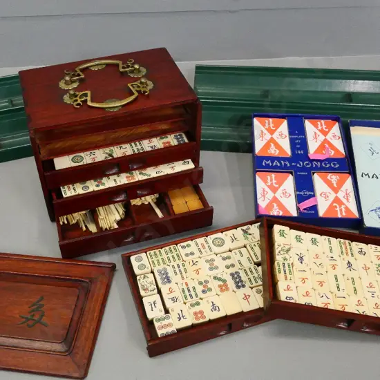 mah jongg set with bone & bamboo pieces in 5-drawer wood & brass chest, 4 player's racks and boxed Chad Valley cards