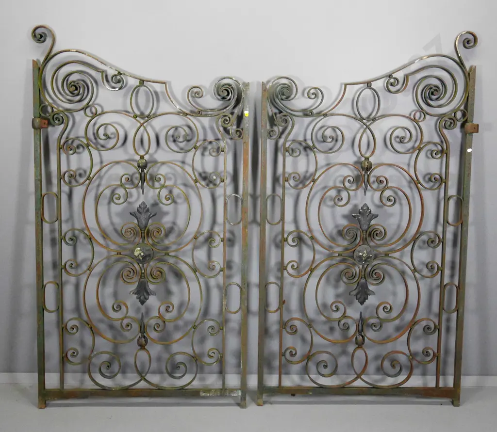 pair of ornate heavy wrought iron gates with brass ornaments - surface corrosion, hinges seized - each H-1660 W-910 Image 1++
