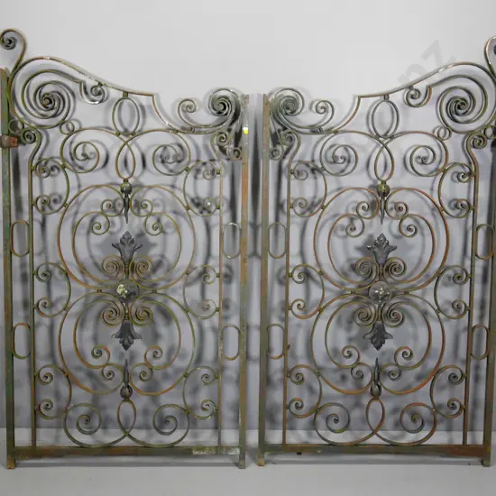 pair of ornate heavy wrought iron gates with brass ornaments - surface corrosion, hinges seized - each H-1660 W-910