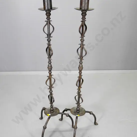 pair of medieval style iron floor-standing candle holders H-1100 W-350