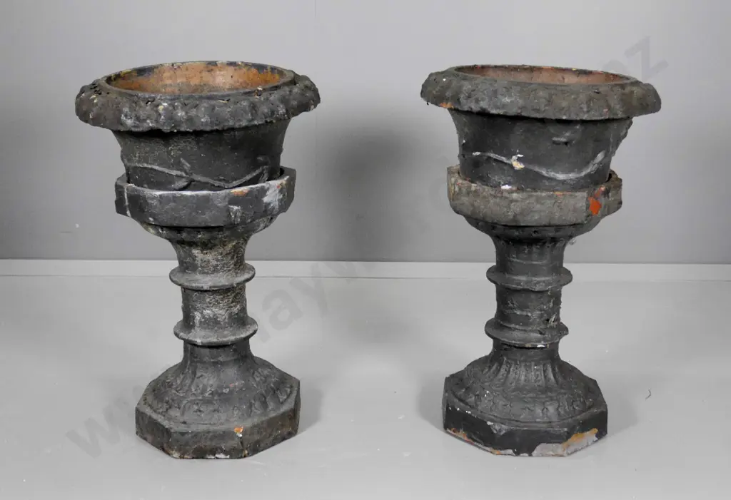 pair of terracotta garden urns on stands with dark aged paint finish H-660 Diameter 440 at widest Image 1++