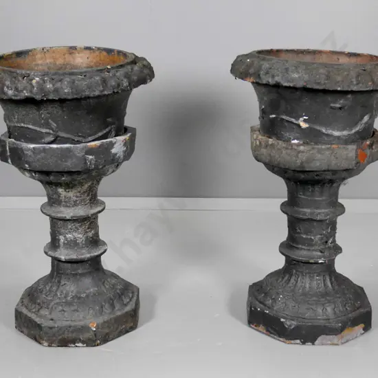 pair of terracotta garden urns on stands with dark aged paint finish H-660 Diameter 440 at widest
