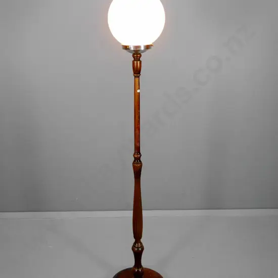 beech standard lamp with reeded stem, milk glass globe shade & chrome journal  H-1600 Diameter 330 at base