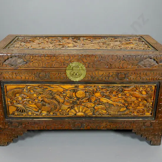 large Chinese hand-carved camphorwood chest w/ brass catch - some wear and joint gaps H580 W1000 D520