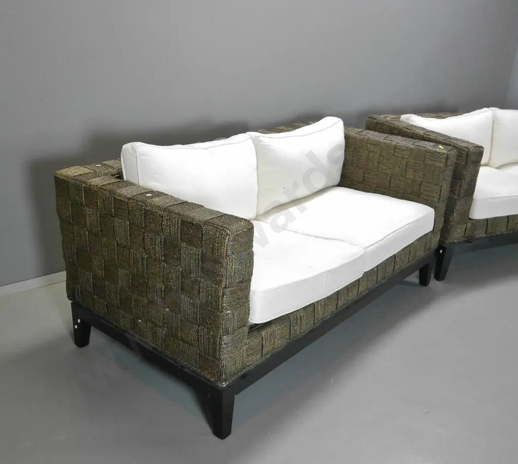 pair of contemporary, woven seagrass, 2 seater chesterfield settees, H-750 W-1640 D-870  Image 1++