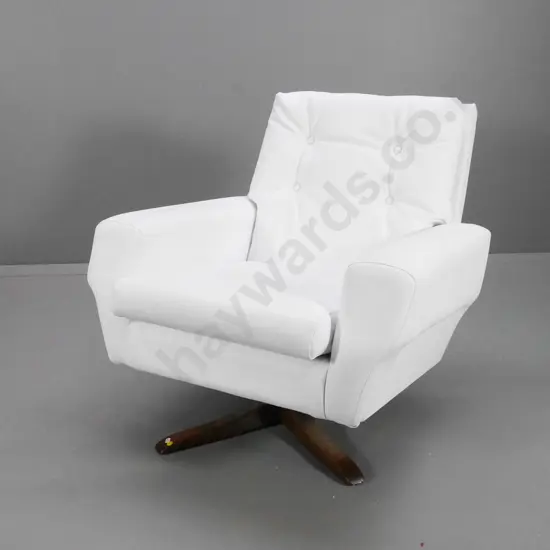 retro swivel lounge chair with timber base, upholstered in white vinyl H-780 W-760 D-810