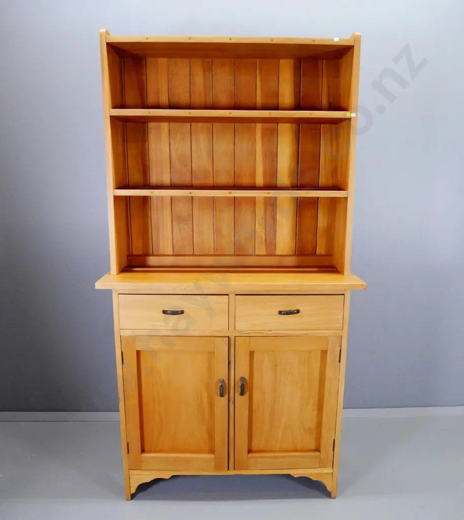 rimu hutch 2 drawer 2 door dresser with open shelf top, metal handles, has had borer but treated H1840 W990 D360 Image 1++