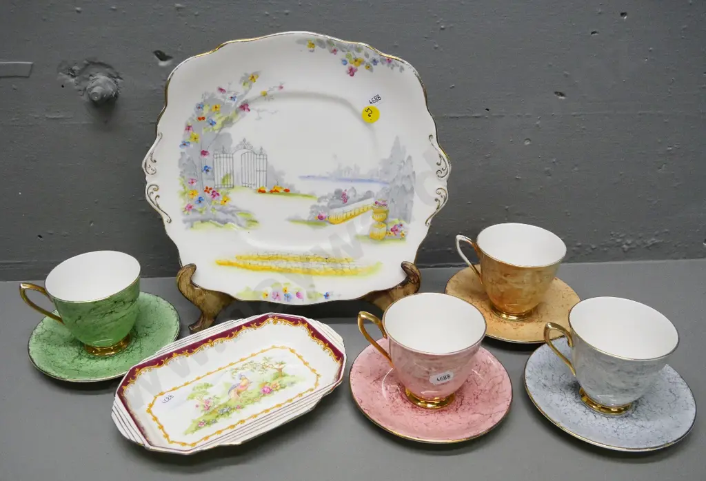 Royal Albert china items - 4 Gossamer coffee cups & saucers - chip to 1 cup - Chelsea bird dish, & Rosedale cake plate Image 1++
