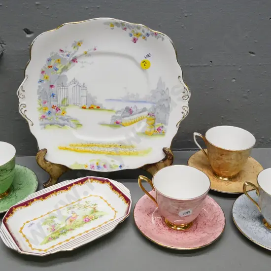 Royal Albert china items - 4 Gossamer coffee cups & saucers - chip to 1 cup - Chelsea bird dish, & Rosedale cake plate