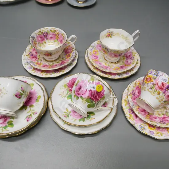 5 Royal Albert trios - 3 Serena and 2 American Beauty pattern