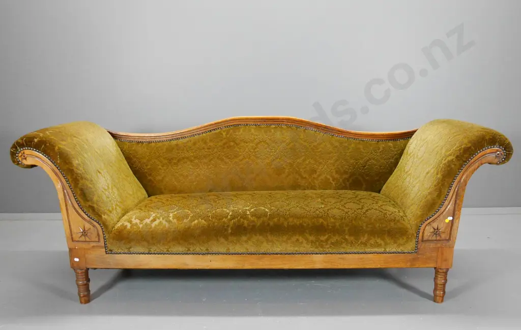 vintage carved timber rolled arm chaise w/studded embossed velvet H-730 W-1900 D-630 Image 1++