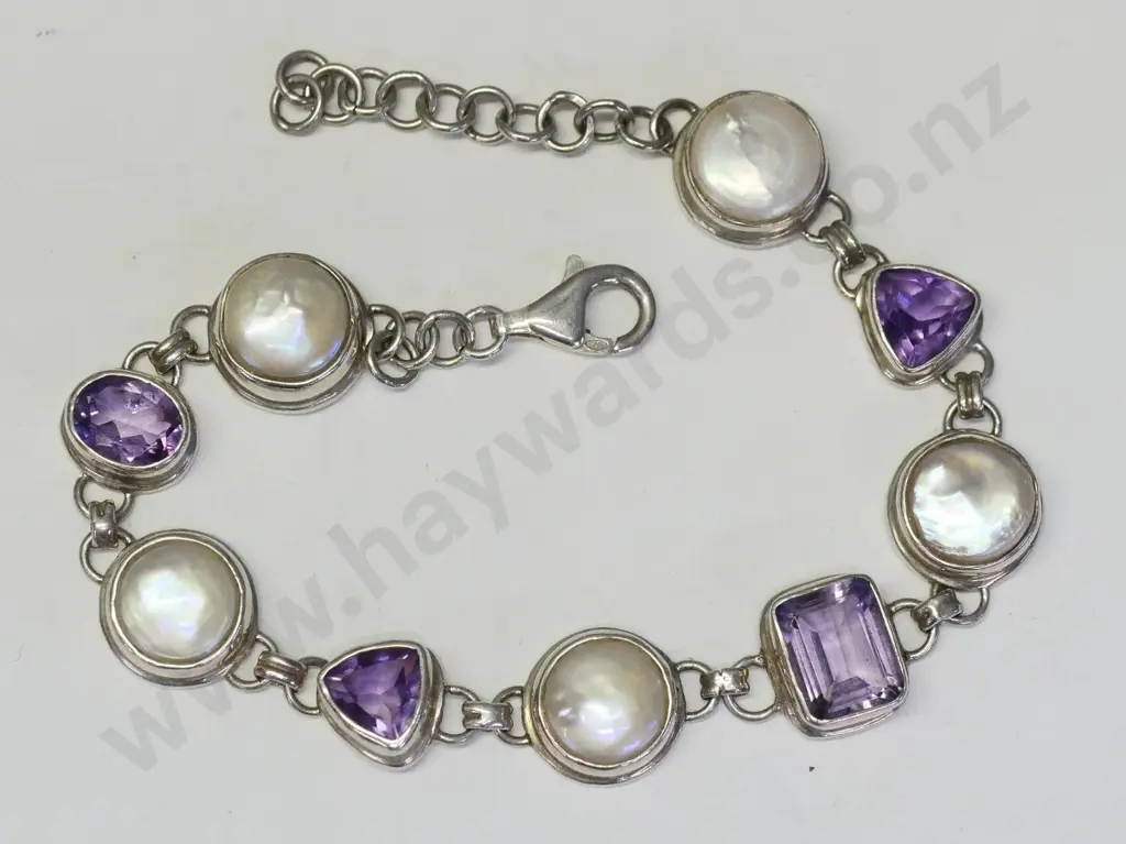 amethyst & pearl bracelet stamped 925 Image 1++