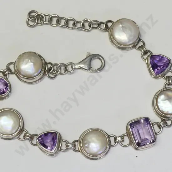 amethyst & pearl bracelet stamped 925