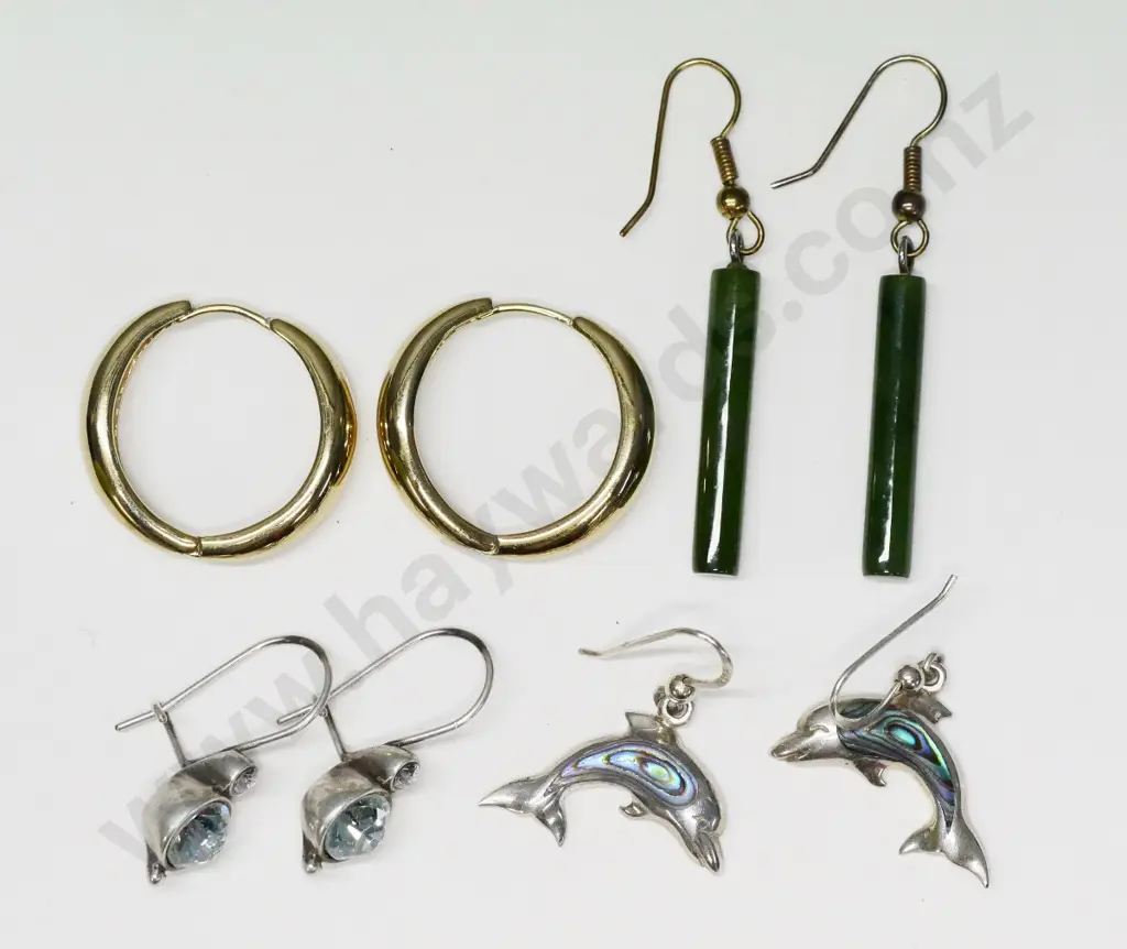 silver/paua shell dolphin earrings stamped 925 & greenstone, cz & hoop earrings no marks Image 1++