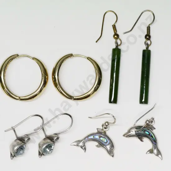 silver/paua shell dolphin earrings stamped 925 & greenstone, cz & hoop earrings no marks
