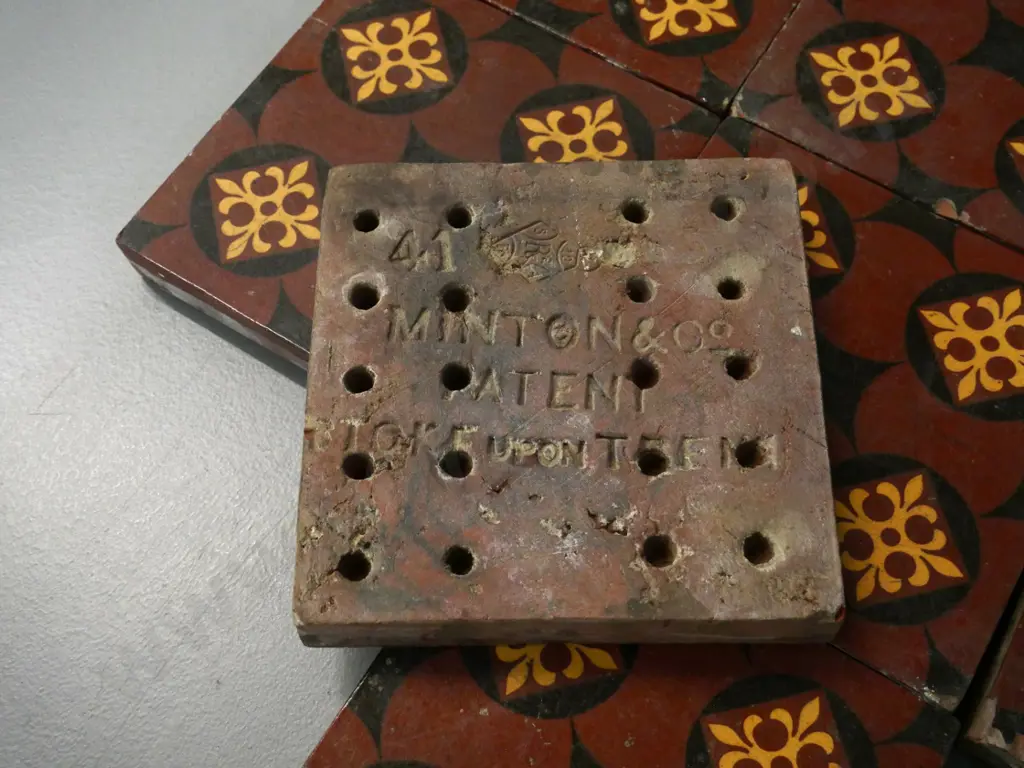 8 Minton porcelain floor tiles circa 1871 - from Macandrew's house 'Carisbrook' - approx 30mm thick 150 x 150 Image 1++