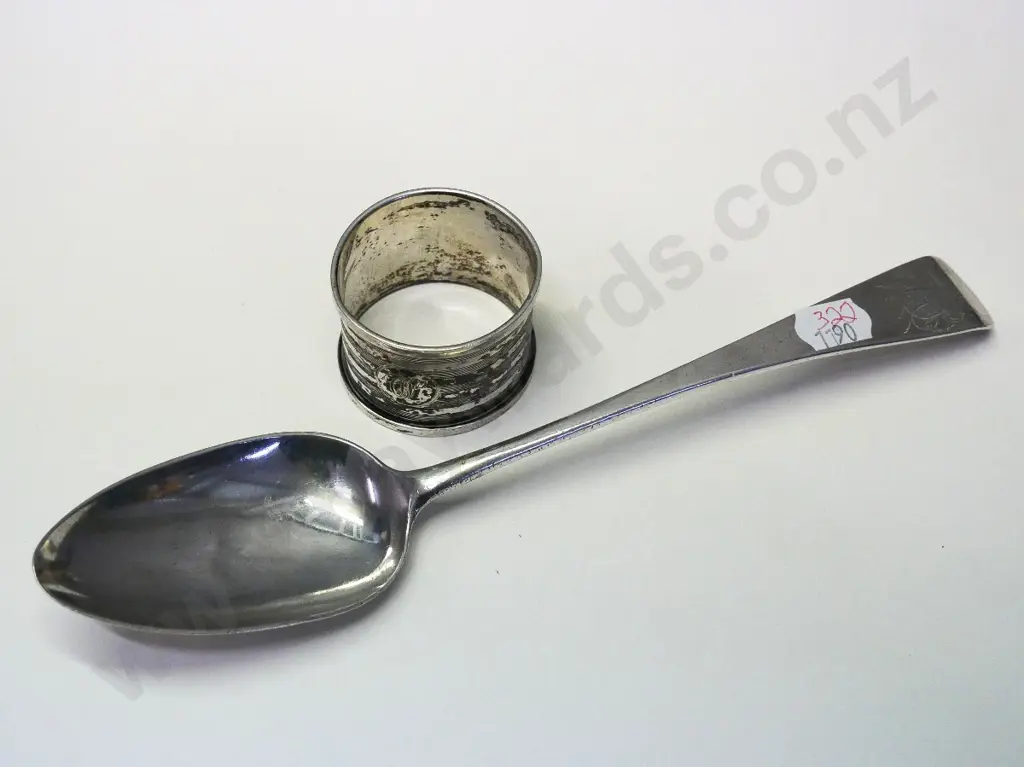 silver tablespoon [lion, crown,C, King SI] & silver napkin ring [D&B, anchor, lion & Y] Image 1++