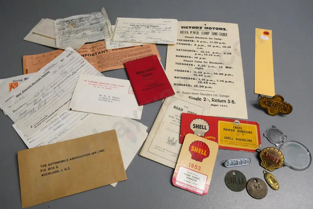 assorted automotive and military items including Shell badges & ephemera, leave passes, 1930s road code etc. Image 1++