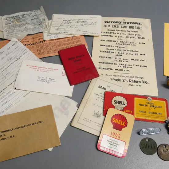 assorted automotive and military items including Shell badges & ephemera, leave passes, 1930s road code etc.