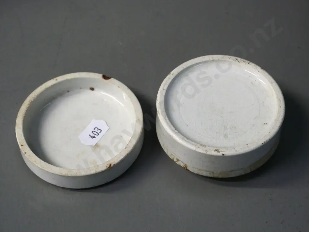 S. Mawson & Thompson White Cherry toothpaste porcelain pot - some chips and crazing. Lid D-70 Image 1++