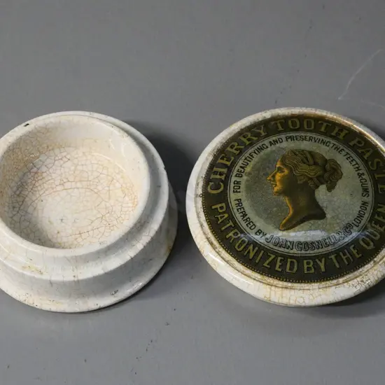 John Goswell & Co. Cherry toothpaste porcelain pot - some chips and crazing. Lid D-90
