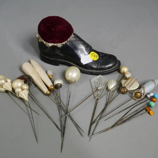 cast metal shoe-shaped hat-pin holder H-70 L-120 and assorted vintage hat pins