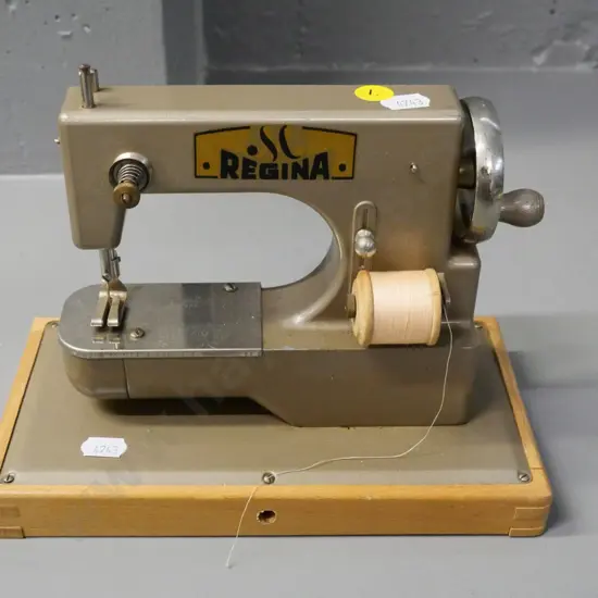Regina miniature hand-crank sewing machine - made in Germany, marked 'U.S. Zone' H-160 W-220 D-115