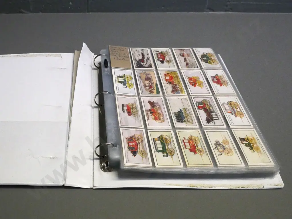 binder full of cigarette collector's cards in album sheets - cars, trains, ships, etc. Image 1++