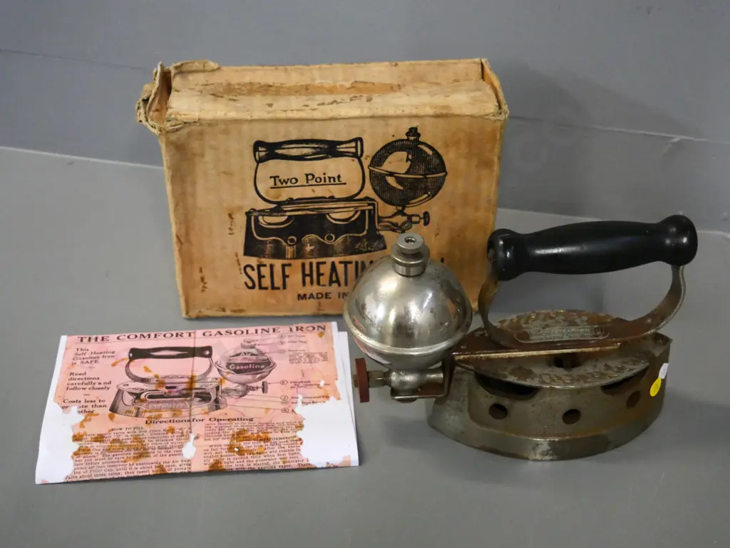 vintage 'Two Point' Comfort Gasoline self-heating iron with original box - some pitting and corrosion H170 L250 Image 1++