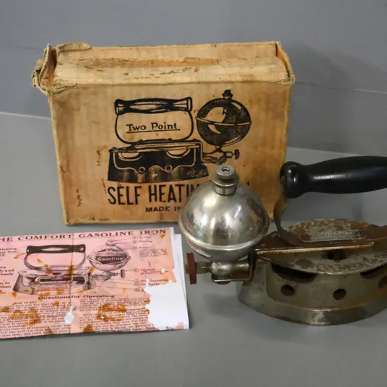 vintage 'Two Point' Comfort Gasoline self-heating iron with original box - some pitting and corrosion H170 L250
