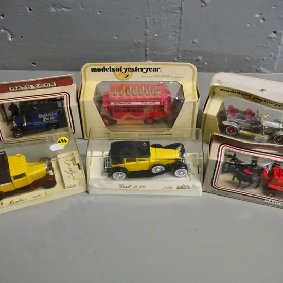 6 model vehicles - 2 Matchbox Models of Yesteryear (samage to box of one) 2 Solido, 2 'Days Gone'