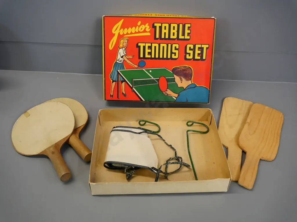 vintage Jomax child's table tennis set in original box, with 2 extra home-made paddles Image 1++