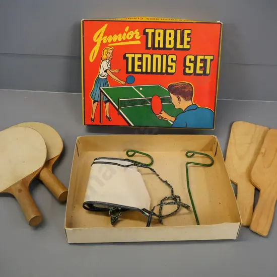 vintage Jomax child's table tennis set in original box, with 2 extra home-made paddles