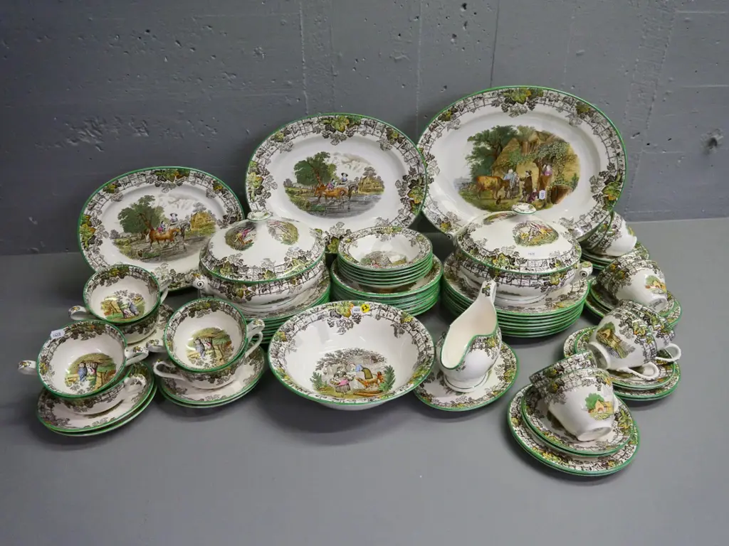 large collection of Spode's Byron dinnerware in very good condition except for one chip to soup bowl Image 1++